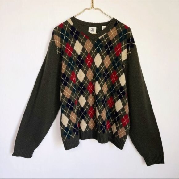 GAP 100% wool Green Classic Argyle V-Neck Grandpa’s Sweater XL - Picture 1 of 8